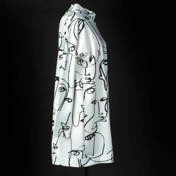Long Sleeves Tunic Dress White with Black Line Drawing Faces Arty Whimsical - Picture 2 of 12